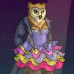 bottomwear breasts brown_body brown_feathers cleavage clothed clothing dress feathers female hands_behind_back jacket jewelry legwear necklace non-mammal_breasts pants solo spotlight stockings topwear yellow_eyes kevreau bojack_horseman netflix wanda_pierce avian bird owl 1:1 signature unavailable_at_source