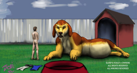 belly big_belly bowl brown_body brown_fur butt clothing container discarded_clothing doghouse duo fence feral fur grass licking licking_lips looking_at_prey lying macro male male/male micro nude outside pale_skin pet_bowl plant sky text tongue tongue_out vore white_text yellow_body yellow_fur jeri_kleinlowe canid canine canis domestic_dog human mammal 2022 colored signature