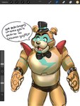 anthro art_program_in_frame biped black_nose blue_eyes bow_tie clothing dialogue hat headgear headwear humanoid_hands male solo text said_the_saisio five_nights_at_freddy's five_nights_at_freddy's:_security_breach scottgames steel_wool_studios glamrock_freddy bear mammal 2021 3:4 digital_media_(artwork) hi_res procreate_(artwork) spanish_text translated