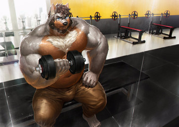 5_fingers anthro barazoku barbell beard belly bench biceps biped blue_eyes body_hair bottomwear brown_beard brown_body brown_bottomwear brown_clothing brown_facial_hair brown_fur brown_hair brown_pants bulge chest_hair claws clothed clothing detailed_background exercise eyebrows eyewear facial_hair feet fingers fur glasses grey_body grey_fur gym hair inner_ear_fluff male multicolored_body multicolored_fur musclegut muscular muscular_anthro muscular_male mustache navel on_bench open_mouth pants pecs sideburns sitting slightly_chubby solo toes topless tuft two_tone_body two_tone_fur vein weight_bench weightlifting weights workout nviek5 maximus_(silverback088) bear canid canine canis hybrid mammal ursine wolf 2020 digital_media_(artwork) hi_res