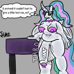 anthro balls big_balls big_penis breeding_mount dialogue genitals gynomorph hair horn huge_balls huge_penis imminent_masturbation intersex multicolored_hair multicolored_tail neck_scar nude overweight penis slightly_chubby solo tail text thought_bubble throbbing throbbing_penis wings ishitmypants friendship_is_magic hasbro my_little_pony mythology princess_celestia_(mlp) equid equine mammal mythological_creature mythological_equine winged_unicorn 1:1 english_text trans_(lore) trans_woman_(lore)