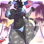 anthro beach beach_background bikini breasts clothing female flag flag_(object) one_eye_closed solo solo_focus swimwear thick_thighs two-piece_swimsuit wide_hips wink silverray17 blanche_(rainy) felid feline humanoid leopard mammal pantherine snow_leopard 1:1 absurd_res hi_res