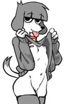 anthro areola bangs blush breasts clothing female female_anthro fur grey_body grey_fur grey_hair hair looking_at_viewer navel nipple_piercing nipples piercing simple_background small_breasts smile smiling_at_viewer solo tongue tongue_out white_body white_fur colo fifi_(somemf) canid canine canis domestic_dog mammal poodle 2024 absurd_res digital_drawing_(artwork) digital_media_(artwork) hi_res portrait three-quarter_portrait