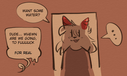 ambiguous_gender anthro asking biped dialogue doorway ellipsis horn in_doorway looking_at_another offscreen_character open_mouth pink_horn question_mark requesting sex_request slurred_speech solo speech_bubble text pinkshinyhorns nier_(pinkshinyhorns) bovid caprine goat mammal english_text hi_res trans_(lore) trans_woman_(lore)