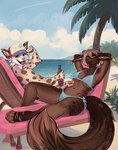 5_fingers accessory anthro beach beer_bottle bikini biped blue_bikini blue_clothing blue_eyes blue_sky blue_swimwear bottle breasts brown_body brown_fur brown_markings cheek_tuft clothed clothing cloud container contrail countershade_face countershade_fur countershading day duo ear_tuft eyebrows eyelashes facial_tuft female fingers fur hair_accessory hairclip hat headgear headwear holding_beer looking_at_viewer male markings navel open_mouth outside palm_tree pink_nose plant sand sea sky snout swimwear tail tan_body tan_fur teeth tree trucker_hat tuft two-piece_swimsuit water white_body white_fur novery felix_(neondreamer762) saoirse_(allen_fuller) felid feline lynx mammal 2025 digital_media_(artwork) hi_res shaded