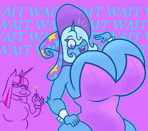 anthro big_breasts bodily_fluids breast_expansion breasts clothing corset duo expansion female female/female hat headgear headwear horn lingerie sewing_needle sweat sweatdrop topwear wizard_hat dapper_lil_arts friendship_is_magic hasbro my_little_pony mythology trixie_(mlp) twilight_sparkle_(mlp) equid equine mammal mythological_creature mythological_equine unicorn