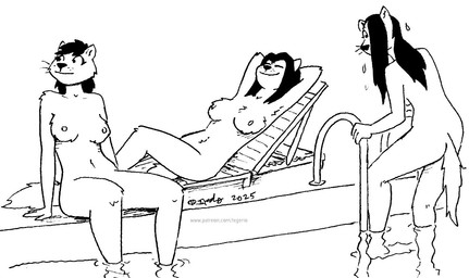 anthro breasts casual_nudity chair female furniture group ladder lounge_chair lounging nude partially_submerged poolside trio water tegerio alexia_minkworthy bella_minkworthy celina_minkworthy mammal mink mustelid musteline true_musteline 2025 monochrome sketch traditional_media_(artwork)