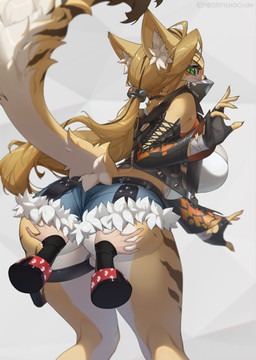 accessory ahoge ambiguous_gender anthro armwear belt big_breasts big_butt black_clothing blonde_hair blush bottomwear breasts butt butt_focus butt_grab clothed clothed_anthro clothed_female clothing countershading crop_top denim denim_bottomwear denim_clothing denim_shorts depth_of_field detached_sleeves disembodied_hand duo female female/ambiguous female_anthro female_focus fingerless_gloves fur fur_trim_(clothing) gloves green_eyes hair hair_accessory hair_ring hand_on_butt handwear hotpants huge_breasts inner_ear_fluff jacket leaning leaning_forward leather leather_clothing long_hair long_ponytail looking_at_viewer looking_back looking_back_at_viewer makeup mask minishorts multicolored_body multicolored_fur ponytail rear_view shirt shorts simple_background solo_focus standing striped_body striped_fur stripes surprised tank_top text thick_thighs thigh_strap topwear tuft white_background white_body white_clothing white_countershading white_fur white_inner_ear_fluff white_shirt white_tank_top white_topwear wristband yellow_body yellow_fur zeminachan mihoyo zenless_zone_zero burnice_white pulchra_fellini felid feline mammal thiren 2026 absurd_res artist_name digital_drawing_(artwork) digital_media_(artwork) hi_res portrait signature three-quarter_portrait