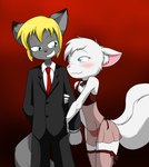 2_tails anthro black_tie_(suit) blonde_hair blue_eyes blush bulge clothed clothing collar crossdressing duo eyelashes femboy fingers fur grey_body grey_fur hair inner_ear_fluff male multi_tail nightgown red_background simple_background smile suit tail teal_eyes teeth thong tuft underwear white_body white_fur white_hair sandwich-anomaly logan_the_fox canid canine fox mammal 2018 digital_media_(artwork) hi_res