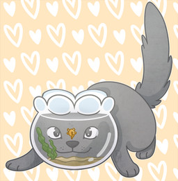 ambiguous_gender aquarium black_nose bubble crouching duo feral fish_bowl fur grey_body grey_fur heart_symbol pattern_background paws raised_tail simple_background smile tail vivarium whisker_spots felinemyth neko_atsume shadow_(neko_atsume) cyprinid cypriniform domestic_cat felid feline felis fish goldfish mammal marine 2016 cel_shading digital_drawing_(artwork) digital_media_(artwork) shaded
