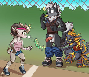 4_toes 5_fingers age_difference anthro assisted_exposure athletic_wear balls biped black_body black_fur black_nose blonde_hair blush blush_lines bottomwear bottomwear_down bovid_horn bracelet breasts caprine_horn claws clothed clothed_anthro clothed_female clothed_male clothing countershade_face countershade_torso countershading crouching curled_horn cute_fangs day dipstick_tail emanata exposed facial_markings fangs feet female female_anthro ffm finger_claws fingers flash_emanata flop footwear forced forced_exposure forehead_markings fully_clothed fully_clothed_anthro fully_clothed_female fur genitals glans green_hair group gym_bottomwear gym_shorts hair half-erect head_markings horn hotpants humanoid_genitalia humanoid_hands humanoid_penis iris jewelry larger_male long_pseudo_hair long_tail looking_at_another looking_at_another's_genitalia looking_at_another's_penis looking_at_genitalia looking_at_penis male male_anthro markings mesugaki multi_tail multicolored_body navel_outline neck_tuft nipple_outline older_male open_mouth outside pants pants_down pantsing partially_clothed partially_clothed_anthro partially_clothed_male penis penis_awe pink_clothing pink_shirt pink_tank_top pink_topwear plantigrade pseudo_hair public public_exposure pupils ram_horn sandals shirt shocked shoes short_hair short_tail shorts size_difference small_breasts smaller_female sneakers socks sportswear standing surprised tail tail_markings tan_body tan_fur tank_top teeth text tight_bottomwear tight_clothing tight_shirt tight_shorts tight_tank_top tight_topwear toe_claws toes tongue topwear track_and_field trio tuft two_tone_body whistle_(object) whistle_in_mouth white_body white_countershading white_fur white_hair white_markings wide_eyed wristband young young_anthro young_female younger_female daigaijin mythology anya_(nightdancer) nightdancer_(character) ambiguous_species bovid canid canine canis caprine dragon mammal mythological_creature mythological_scalie scalie sheep wolf 2025 english_text hi_res