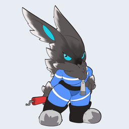 anthro big_breasts blue_inner_ear blue_sclera breasts clothing dynamite explosives feet female fingers frown fur grey_body grey_fur jumpsuit multicolored_body multicolored_fur neck_tuft solo soot tuft two_tone_body two_tone_fur white_body white_fur 4chan_anon unknown_artist bombun dynabun_(kekitopu) lagomorph leporid mammal rabbit 1:1 hi_res