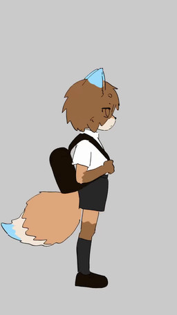 anthro backpack black_backpack black_bottomwear black_clothing black_footwear black_legwear black_nose black_shoes black_shorts black_socks blue_body blue_ear_tips blue_fur blue_tail_tip bottomwear brown_body brown_ears brown_fur brown_hair cheek_tuft clothing collared_shirt dipstick_ears dipstick_tail ear_markings facial_tuft footwear frown fur hair heterochromia legwear male markings mitten_hands multicolored_ears orange_body orange_fur orange_tail purple_eyes school_uniform shirt shoes shorts socks solo spinning tail tail_markings topwear tuft turnaround uniform white_clothing white_collared_shirt white_topwear yellow_eyes young young_anthro young_male teien canid canine canis fox mammal 9:16 animated hi_res no_sound short_playtime video