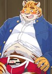 anthro belly blush clothing genitals kemono male navel open_mouth overweight overweight_male penis pink_nose shirt solo topwear underwear ryuta-h felid mammal pantherine tiger 2024 censored hi_res