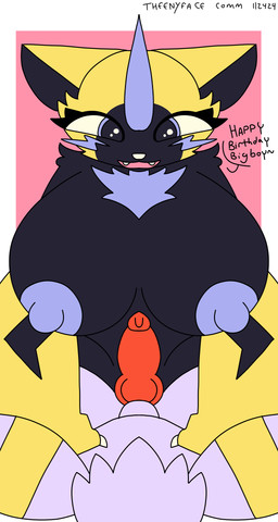 animal_genitalia animal_penis anthro big_breasts big_nipples breasts canine_genitalia canine_penis dialogue duo female genitals huge_breasts hyper hyper_breasts looking_at_viewer male male/female nipples penis text theenyface nintendo pokemon eeveelution generation_2_pokemon generation_7_pokemon legendary_pokemon pokemon_(species) umbreon zeraora english_text hi_res