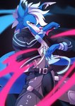 action_pose anthro belt blue_body bodysuit clothing future hair knife male pose protection simple_background skinsuit solo straps suit tight_clothing white_body white_eyes white_hair liloli_(artist) cyano canid canine canis domestic_dog fish mammal marine shark absurd_res hi_res