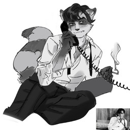 anthro bottomwear cigarette clothing collared_shirt dress_shirt electronics facial_markings fluffy fluffy_tail gloves_(marking) hair head_markings holding_cigarette holding_object holding_phone long_tail looking_at_viewer male markings mask_(marking) pants phone pointy_ears shirt short_hair simple_background solo tail topwear ddcrushh unnamed_character mammal procyonid raccoon 1:1 digital_drawing_(artwork) digital_media_(artwork) greyscale hi_res monochrome reference_image
