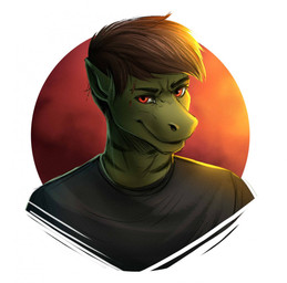 anthro black_clothing black_shirt black_t-shirt black_topwear brown_hair clothed clothing facial_scar glistening glistening_eyes green_body hair looking_at_viewer male red_eyes scar shirt simple_background smile solo striped_neck t-shirt topwear unsigned cereus93 richard_grinn bust_portrait hi_res portrait