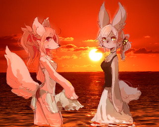 anthro beach duo female fur grey_body grey_fur hair kemono outside red_eyes red_hair seaside sun sunset water yellow_eyes pipisan canid canine canis domestic_dog mammal 5:4
