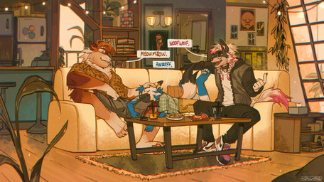 anthro biped claws clothed clothing dialogue dipstick_tail fangs fingers fur furniture group male markings meow open_mouth open_smile smile sofa speech_bubble table tail tail_markings teeth trio hemuchang canid canine felid mammal hi_res
