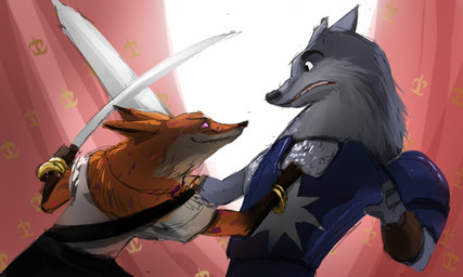 anthro bracelet clothed clothing corruption duo evil_grin female fur grey_body grey_fur jewelry male melee_weapon orange_body orange_fur purple_eyes smile sword weapon purpleground02 armello league_of_geeks scarlet_(armello) thane_(armello) canid canine canis fox mammal wolf 5:3
