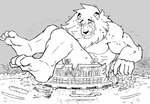 4_toes 5_fingers anthro barely_contained biceps big_muscles bodily_fluids body_size_growth city crowd destruction feet felid fingers greyscale group huge_muscles leo_(saitama_seibu_lions) lion looking_at_viewer macro male mammal mascot monochrome muscular muscular_anthro muscular_male nippon_professional_baseball pantherine saitama_seibu_lions sitting size_transformation solo soonico stadium sweat toes transformation worried