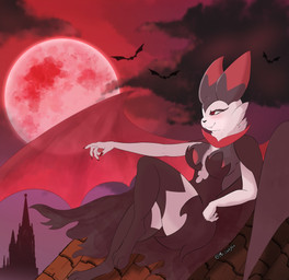 anthro areola barely_visible_areola black_body black_cape black_clothing black_dress black_fur black_legwear black_stockings cape castle clothing cloud colored_nails dress extended_arm fangs female fur legwear moon multicolored_body multicolored_fur nails red_areola red_eyes red_moon red_nails side_view sitting solo stockings teeth white_body white_fur wings mrowley66 bat hybrid lagomorph leaf-nosed_bat leporid mammal microbat rabbit vampire vampire_bat yangochiropteran absurd_res hi_res
