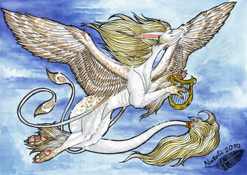 ambiguous_gender blonde_hair claws feathered_wings feathers feral fur hair harp musical_instrument nude outside pawpads plucked_string_instrument sky smile solo string_instrument tail white_body white_feathers white_fur wings natoli mythology dragon feathered_dragon feathered_scalie furred_dragon furred_scalie mythological_creature mythological_scalie scalie 2010 traditional_media_(artwork) watermark