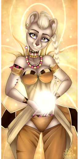 anthro braided_hair breasts cleavage clothed clothing collar ear_piercing female hair jewelry looking_at_viewer necklace piercing smile solo sun solapi_(artist) felid lion mammal pantherine absurd_res hi_res