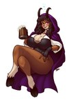 anthro beer_mug big_breasts breasts bubble clothing cloven_hooves corset crossed_legs eyebrows eyelashes female fingerless_gloves gloves hair handwear hood hooves horn huge_breasts lingerie looking_at_viewer purple_eyes solo thick_thighs tipsy tongue topwear blazbaros satyr 2024 hi_res