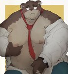 anthro barely_visible_genitalia barely_visible_penis belly big_belly blush brown_body brown_fur clothed clothing eyes_closed fur genitals humanoid_hands kemono male mature_male moobs necktie nipples open_clothing open_shirt open_topwear overweight overweight_male penis shirt solo topwear dumdum bear mammal 2023 censored hi_res