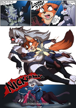 anthro big_breasts bodily_fluids breasts clothed clothing comic_panel dialogue female fur grey_body grey_fur gun gunshot hair handgun holding_object holding_ranged_weapon holding_weapon huge_breasts knife male nipples open_mouth police police_officer police_uniform ranged_weapon red_sclera tail text thick_thighs topwear uniform weapon white_body white_fur conditional_dnp yazen disney hellaverse helluva_boss mythology zootopia judy_hopps loona_(helluva_boss) nick_wilde canid canid_demon canine canis demon fox hellhound lagomorph leporid mammal mythological_canine mythological_creature rabbit red_fox true_fox absurd_res comic digital_media_(artwork) english_text hi_res