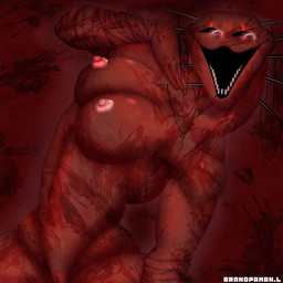 areola big_breasts black_sclera breasts female front_view genitals glowing glowing_eyes navel nightmare_fuel nipples nude open_mouth open_smile pink_areola pink_nipples red_background red_body simple_background smile solo vulva white_eyes wide_hips grandpaman doctor_nowhere the_boiled_one_phenomenon phen-228 humanoid monster monstrous_humanoid 1:1 hi_res