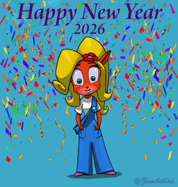 accessory anthro blonde_hair blue_clothing brown_body clothing confetti female flower flower_in_hair footwear green_background green_eyes hair hair_accessory hand_in_pocket holiday_message holidays looking_at_viewer overalls plant pockets shirt shoes simple_background smile solo standing text topwear white_clothing white_shirt white_topwear charles_zembillas activision crash_bandicoot_(series) new_year coco_bandicoot bandicoot mammal marsupial 2025 english_text hi_res