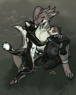 4_toes anthro armpit_fetish armpit_sniffing black_body black_claws black_fur blush bodily_fluids body_hair breast_fondling breast_play breasts broken_key chastity_cage chastity_device claws clothed clothing collar countershade_border dipstick_tail ear_piercing ear_ring feet fondling frill_(anatomy) fur genital_fluids gold_(metal) gold_chastity_cage gold_chastity_device gold_jewelry golden_claws golden_pawpads group hand_on_breast hand_on_bulge hand_on_shoulder hip_scar horn intersex intersex/male jagged_mouth jewelry male male/male markings multicolored_body multicolored_fur multicolored_scales musk musky_armpit muted_colors notched_ear open_mouth orange_horn partially_clothed piercing purple_body purple_scales raised_arm raised_clothing raised_shirt raised_topwear red_eyes ring_piercing scales scar shirt simple_background smile smirk smug snarling sniffing speech_bubble stroking_penis tail tail_markings tank_top toes topwear trio two_tone_body two_tone_fur two_tone_scales ventral_scales white_body white_fur agavegator fuzzysmore_(character) goldycat kitt_(agavegator) domestic_cat felid feline felis flat-headed_cat kobold mammal prionailurus scalie 4:5 watermark