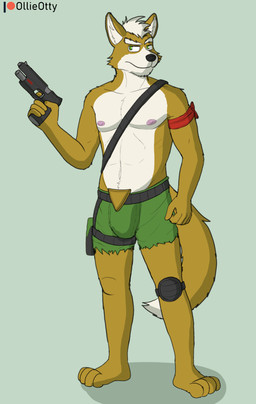 anthro belt bulge clothed clothing fur green_eyes gun hair kerchief knee_pads male nipples orange_body orange_fur ranged_weapon shirtless tail topless weapon ollieotty nintendo star_fox fox_mccloud canid canine fox mammal hi_res