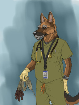anthro blue_background bottomwear brown_body brown_fur clock clothed clothed_anthro clothed_male clothing elderly elderly_anthro elderly_male facial_hair front_view fully_clothed fully_clothed_anthro fully_clothed_male fur gloves handwear lanyard latex latex_clothing latex_gloves latex_handwear male male_anthro medical medical_gloves medical_instrument multicolored_body multicolored_fur pants scientific_instrument scrubs shirt simple_background solo standing stethoscope technician topwear uniform watch wristwatch kaltag1925 canid canine canis domestic_dog german_shepherd herding_dog mammal pastoral_dog hi_res