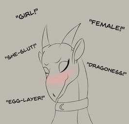 ambiguous_gender blush collar embarrassed eyelashes eyes_closed femboy feral gender_play horn male misgendering simple_background smile text onesaucydragon mythology saulamander dragon mythological_creature mythological_scalie scalie absurd_res english_text headshot_portrait hi_res monochrome portrait male_(lore)