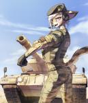 anthro armored_vehicle army athletic belt beret black_headphones black_headset blind_eye brown_body brown_fur butt clothed clothing day electronics female fur gloves grey_headphones grey_headset hair handwear hat headgear headphones headset headwear leopard_2 leopard_2a5 looking_at_viewer microphone military military_uniform multicolored_headphones multicolored_headset muscular muscular_anthro open_mouth open_smile outside radio rear_view red_eyes scar short_hair smile soldier solo stretching tank two_tone_headphones two_tone_headset uniform vehicle warrior white_hair endjfcar chloe_(hunglee) felid leopard mammal pantherine 2019 hi_res portrait three-quarter_portrait