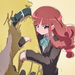 anthro brown_hair female fur hair hug hugging_arm human_focus long_hair male yellow_body yellow_fur kubota_keita bandai_namco digimon digimon_ghost_game angoramon digimon_(species) human lagomorph leporid mammal rabbit hi_res