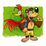 4_fingers anthro beak belt biped brown_body brown_fur claws clothed clothing countershade_torso countershading duo eyebrows feathered_wings feathers female feral fingers fur male open_mouth open_smile smile wings 87octane banjo-kazooie rareware banjo_(banjo-kazooie) kazooie avian bear bird mammal