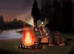 2024 anthro barefoot black_nose blue_clothing blue_sweater blue_topwear bottomwear campfire candy clothing cute_fangs dessert detailed_background dusk feet fire food forest fur generation_4_pokemon green_body green_fur green_hair grey_bottomwear grey_clothing grey_pants hair hand_on_head holding_object holding_stick log looking_up male marshmallow nintendo outside pants plant pokemon pokemon_(species) river roasting_marshmallow rock shinx shinx_(strikerman) sitting sky smile solo stick sweater topwear tree ultilix wood yellow_eyes yellow_inner_ear