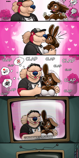 after_transformation anthro anthro_on_anthro breasts brown_body brown_hair choker clothing controller dialogue duo electronics female hair heart_symbol holding_controller holding_object holding_remote_control jewelry kissing male male/female necklace remote_control shirt smile surprised television text topwear white_clothing ataripanther miltonholmes plum_(ataripanther) zenith_arcanum_(ataripanther) bear lagomorph leporid mammal rabbit 2025 absurd_res comic digital_media_(artwork) english_text hi_res