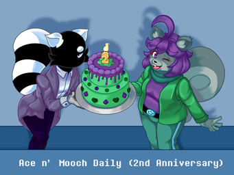 alternate_species anthro cake dessert duo female food holding_cake holding_food holding_object male simple_background jula's_little_spot undertale_(series) undertale_yellow ace_(undertale_yellow) mooch_(undertale_yellow) grey_squirrel humanoid mammal procyonid raccoon rodent sciurid tree_squirrel 4:3 hi_res shaded