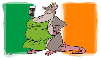 alcohol anthro apron apron_only beer beer_glass belly beverage big_belly big_breasts breasts buckteeth clothing female flower_on_head fur grey_body grey_fur huge_breasts irish irish_flag mature_anthro mature_female multicolored_body multicolored_fur obese obese_anthro obese_female overweight overweight_anthro overweight_female solo teeth thick_thighs two_tone_body two_tone_fur whiskers dutch_(artist) guinness mammal murid murine rat rodent 2024 5:3 digital_media_(artwork) flat_colors hi_res