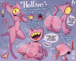 1_eye 4_fingers anus areola big_breasts big_eye big_mouth_(anatomy) blush blush_lines blush_stickers bodily_fluids bouncing_breasts breasts butt claws exclamation_point female fingers flying_sweatdrops front_view glistening glistening_breasts head_tuft holding_breast huge_breasts long_tongue looking_at_viewer looking_back nipples onomatopoeia paws pink_anus pink_body pink_skin puffy_areola rear_view red_eyes side_view simple_background small_breasts smile solo sound_effects sweat sweatdrop sweaty_butt sweaty_face teeth text tongue tongue_out transformation tremble_spikes tuft yellow_sclera yellow_teeth hokra hollive alien cyclops felid feline mammal 2026 absurd_res hi_res model_sheet multiple_scenes