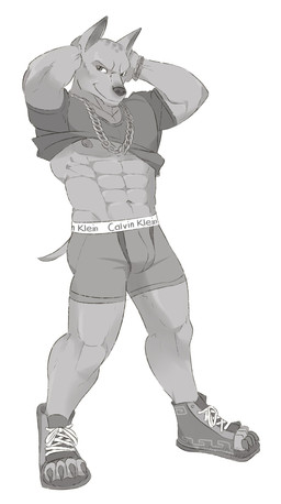4_toes abs anthro areola big_muscles biped boxer_briefs bracelet bulge chain_bracelet chain_necklace claws clothed clothing clothing_lift dipstick_ears ear_markings feet footwear hairless hands_behind_head jewelry looking_at_viewer male markings multicolored_ears muscular muscular_anthro muscular_male narrowed_eyes navel necklace nipples paws pecs plantigrade pose presenting serratus shirt shirt_lift shoes simple_background smile smiling_at_viewer snout solo spots spotted_markings standing suggestive t-shirt tail text tight_underwear toe_claws toeless_footwear toeless_shoes toeless_sneakers toes topwear underwear white_background mindmechanica calvin_klein caine_xolo_nines_(character) canid canine canis domestic_dog hairless_dog mammal primitive_dog xoloitzcuintli 2022 absurd_res artist_name dated hi_res monochrome shaded smaller_version_at_source watermark