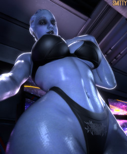 big_breasts black_lipstick blue_body blue_eyes blue_skin bra breasts clothing eyelashes female freckles glistening glistening_body glistening_breasts glistening_skin hand_on_chest lipstick low-angle_view makeup navel not_furry panties solo underwear smitty34 bioware electronic_arts mass_effect liara_t'soni alien alien_humanoid asari humanoid 2025 3d_(artwork) absurd_res digital_media_(artwork) hi_res