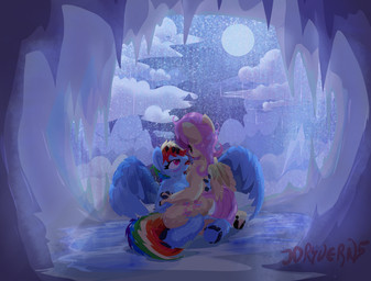 anthro blue_body blue_fur blush cave cloud cutie_mark dripping duo female female/female foggy_background fur glowing hair hand_holding hand_on_back hand_on_head hooves kissing kneeling light moon moonlight multicolored_hair night on_lap pink_hair puddle rainbow_hair raining tongue water wings yellow_body yellow_fur just_dryvern friendship_is_magic hasbro my_little_pony mythology fluttershy_(mlp) rainbow_dash_(mlp) equid equine horse mammal mythological_creature mythological_equine pegasus pony digital_media_(artwork) digital_painting_(artwork) hi_res painting_(artwork)