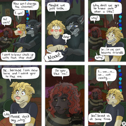 6_panel_comic anthro black_body black_hair black_sclera blonde_hair blue_eyes blush brown_eyes cheek_tuft cigarette clothing controller dialogue drugs facial_tuft fur grey_body grey_fur group hair holding_blunt holding_controller holding_object holding_remote_control logo lounging male marijuana marijuana_blunt nervous page_number pressing_button red_hair remote_control repeating_question shirt smoking smoking_cigarette speech_bubble sweater t-shirt text toothy_grin topwear trio tuft yellow_body yellow_eyes yellow_fur kriek_wildebeest jeremy_(kriek_wildebeest) ravi_(kriek_wildebeest) tom_(kriek_wildebeest) border_collie canid canine canis collie domestic_dog herding_dog husky hybrid mammal nordic_sled_dog pastoral_dog portuguese_water_dog sheepdog spitz wolf 1:1 artist_logo comic english_text hi_res multiple_scenes